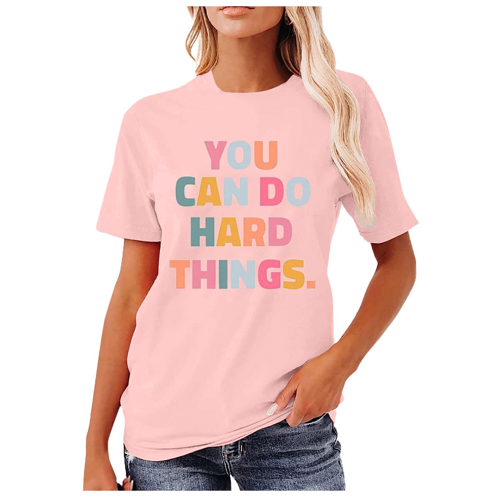 thumbnail image 2 of Camiseta gráfica para mujeres «You Hard Things» (Tú, cosas difíciles) para profesoras: manga corta, cuello redondo, estampado motivador, mezcla de poliéster y spandex, camiseta informal sobre salud, 2 of 5